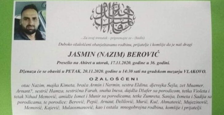 POZNATO VRIJEME I MJESTO DŽENAZE JASMINU BEROVIĆU