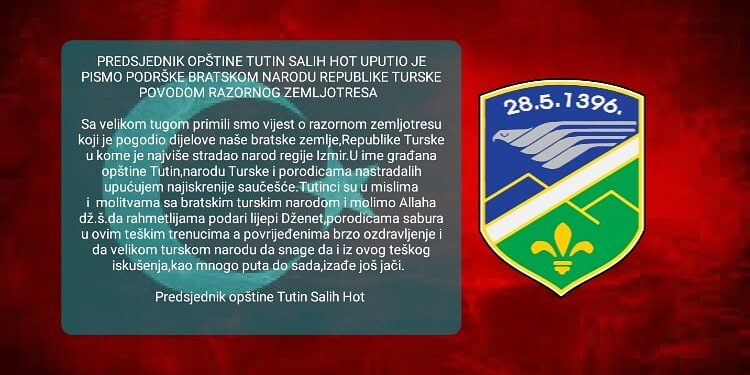 PREDSJEDNIK OPŠTINE TUTIN SALIH HOT UPUTIO JE PISMO PODRŠKE BRATSKOM NARODU REPUBLIKE TURSKE POVODOM RAZORNOG ZEMLJOTRESA