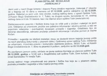 Odeljenje za urbanizam, imovinsko-pravne i komunalno stambene poslove opštine Tutin organizuje JAVNI UVID na nacrt Druge Izmene i dopune Plana detaljne regulacije za ” Vidrenjak 2”