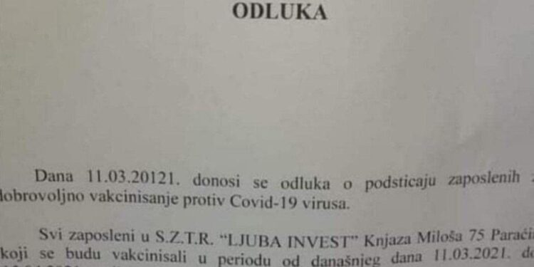 Paraćinac plaća radnicima da se vakcinišu!