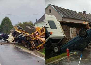 Vozač auta pretjecao kamion, uletio u ‘škare‘ i završio na krovu, prizori nesreće su strašni