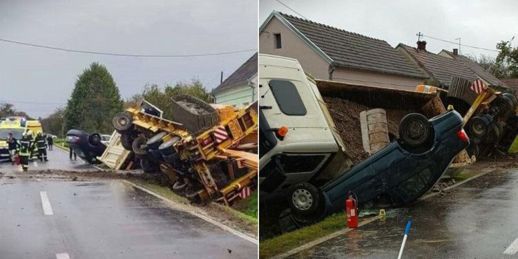 Vozač auta pretjecao kamion, uletio u ‘škare‘ i završio na krovu, prizori nesreće su strašni