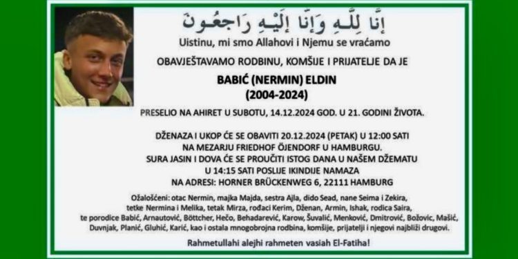 Tuga bošnjačke dijaspore u Hamburgu: U 21. godini preselio na Ahiret Eldin Babić