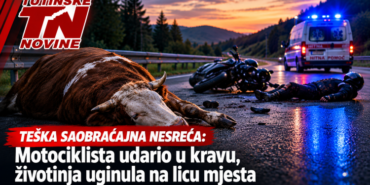 Teška saobraćajna nesreća: Motociklista udario u kravu, životinja uginula na licu mjesta